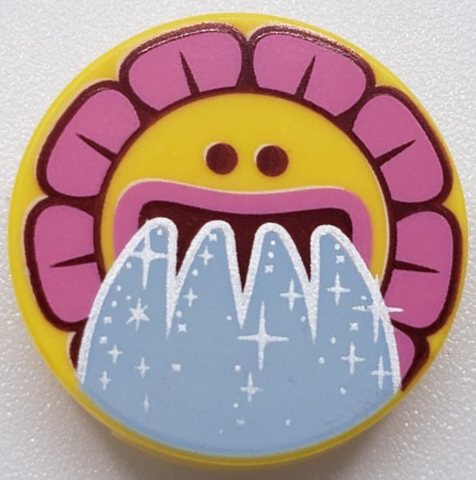 Display of LEGO part no. 14769pb315 Tile, Round 2 x 2 with Bottom Stud Holder with Sunflower Face, Dark Pink Flakes and Water Pouring from Mouth Pattern  which is a Yellow Tile, Round 2 x 2 with Bottom Stud Holder with Sunflower Face, Dark Pink Flakes and Water Pouring from Mouth Pattern 