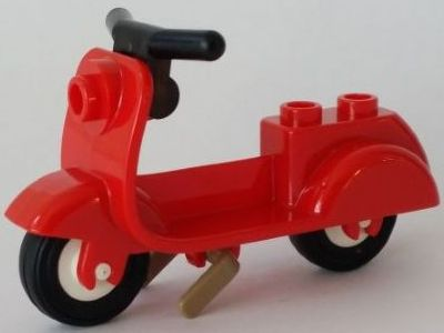 Display of LEGO part no. 15396c02 Scooter with Dark Tan Stand and Black Handlebars  which is a Red Scooter with Dark Tan Stand and Black Handlebars 