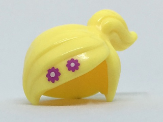 Display of LEGO part no. 15427pb03 Minifigure, Hair Female Ponytail Off-center with 2 Magenta Flowers Pattern  which is a Bright Light Yellow Minifigure, Hair Female Ponytail Off-center with 2 Magenta Flowers Pattern 