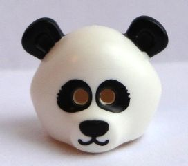Display of LEGO part no. 15506pb01 which is a White Minifigure, Headgear Mask Bear Rounded with Panda Black Eye Patches, Ears, Nose, and Mouth Pattern 
