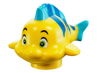 Display of LEGO part no. 15679pb01 which is a Yellow Fish, The Little Mermaid with Blue Stripes, Lime Eyes and Medium Azure Dorsal and Tail Fins Pattern &#40;Flounder / Fabius&#41; 