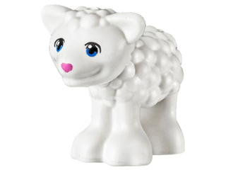 Display of LEGO part no. 15695pb03 Lamb, Friends with Blue Eyes and Dark Pink Nose Pattern  which is a White Lamb, Friends with Blue Eyes and Dark Pink Nose Pattern 