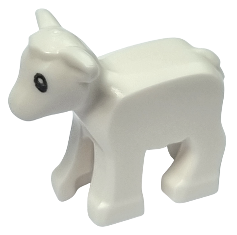 Display of LEGO part no. 1569pb01 which is a White Lamb with Black Eyes and White Pupils Pattern 