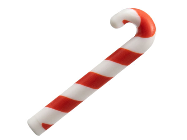Display of LEGO part no. 1621pb01 which is a White Minifigure, Utensil Cane, Red Candy Stripe Pattern 