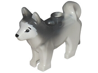 Display of LEGO part no. 16606pb001 which is a White Dog, Husky with Black Eyes, Black Nose and Marbled Dark Bluish Gray Ears and Back Pattern 