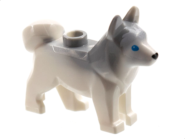 Display of LEGO part no. 16606pb003 Dog, Husky with Blue Eyes, Black Nose and Marbled Light Bluish Gray Ears and Back Pattern  which is a White Dog, Husky with Blue Eyes, Black Nose and Marbled Light Bluish Gray Ears and Back Pattern 