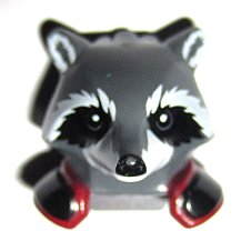 Display of LEGO part no. 17013pb02 which is a Dark Bluish Gray Minifigure, Head, Modified Raccoon with Dark Red and Black Shoulder Pads Pattern (Rocket) 