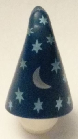 Display of LEGO part no. 17349pb02 which is a Dark Blue Minifigure, Headgear Hat, Cone Drooping, Wizard with Metallic Light Blue Stars and Silver Crescent Moon Pattern (BAM) 