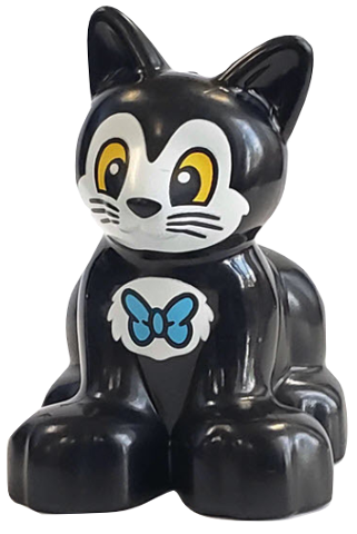 Display of LEGO part no. 17865pb04 Duplo Cat Kitten Sitting with Yellow Eyes and White Face and Chest with Bow Tie Pattern  which is a Black Duplo Cat Kitten Sitting with Yellow Eyes and White Face and Chest with Bow Tie Pattern 