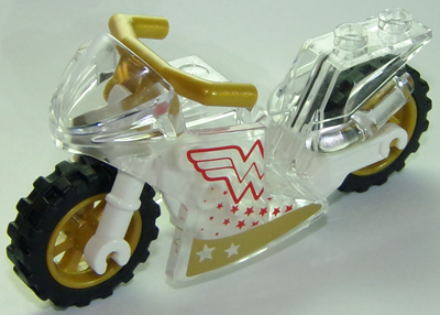 Display of LEGO part no. 18895c04pb01 Motorcycle Sport Bike with White Frame, Pearl Gold Wheels and Angular Handlebars with Wonder Woman Pattern on Both Sides (Stickers), Set 41235  which is a Trans-Clear Motorcycle Sport Bike with White Frame, Pearl Gold Wheels and Angular Handlebars with Wonder Woman Pattern on Both Sides (Stickers), Set 41235 
