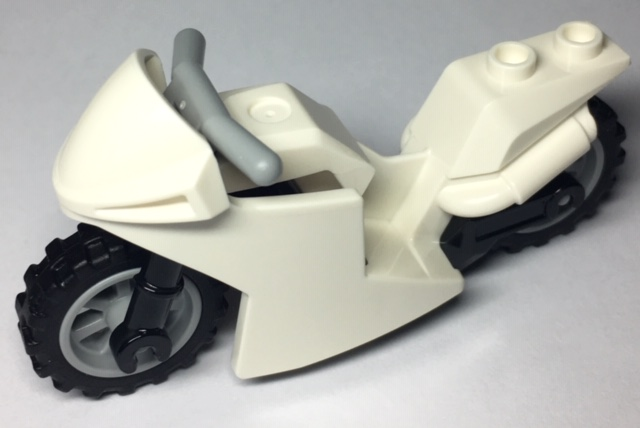 Display of LEGO part no. 18895c11 Motorcycle Sport Bike with Black Frame, Light Bluish Gray Wheels and Light Bluish Gray Handlebars  which is a White Motorcycle Sport Bike with Black Frame, Light Bluish Gray Wheels and Light Bluish Gray Handlebars 