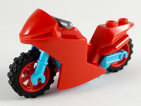 Display of LEGO part no. 18895c12 Motorcycle Sport Bike with Medium Azure Frame, Wheels and Flat Silver Handlebars  which is a Red Motorcycle Sport Bike with Medium Azure Frame, Wheels and Flat Silver Handlebars 