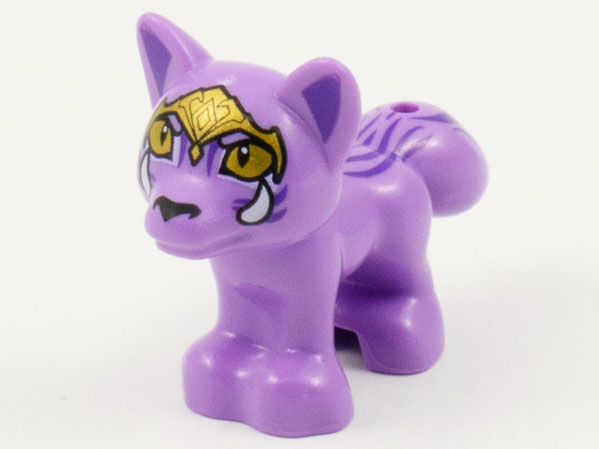 Display of LEGO part no. 19532pb05 which is a Medium Lavender Fox, Friends / Elves with Gold Headpiece and Eyes, 2 White Tusks, Dark Purple Hair Pattern &#40;Serlot&#41; 