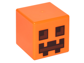 Display of LEGO part no. 19729pb001 which is a Orange Minifigure, Head, Modified Cube with Pixelated Dark Brown and Reddish Brown Eyes and Mouth Pattern (Minecraft Pumpkin Jack O' Lantern / Snow Golem) 