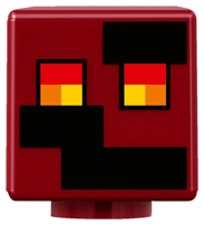 Display of LEGO part no. 19729pb020 Minifigure, Head, Modified Cube with Pixelated Black Blocks and Red, Orange, and Yellow Eyes Pattern (Minecraft Magma Cube)  which is a Dark Red Minifigure, Head, Modified Cube with Pixelated Black Blocks and Red, Orange, and Yellow Eyes Pattern (Minecraft Magma Cube) 