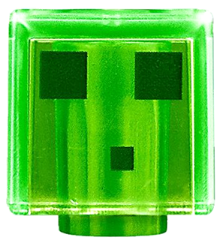 Display of LEGO part no. 19729pb021 which is a Trans-Bright Green Minifigure, Head, Modified Cube with Pixelated Dark Green Eyes and Mouth Pattern (Minecraft Slime) 