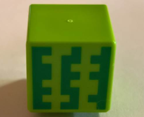 Display of LEGO part no. 19729pb023 Minifigure, Head, Modified Cube with Pixelated Vertical Green Stripes Pattern (Minecraft Melon)  which is a Lime Minifigure, Head, Modified Cube with Pixelated Vertical Green Stripes Pattern (Minecraft Melon) 