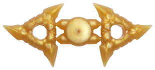 Display of LEGO part no. 19807 Minifigure, Weapon Throwing Star (Shuriken) with Textured Grips, 2 on Sprue  which is a Pearl Gold Minifigure, Weapon Throwing Star (Shuriken) with Textured Grips, 2 on Sprue 
