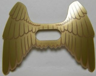 Display of LEGO part no. 20286a Minifigure Wings Collapsed with Center Opening and  Gold Feathers Pattern  which is a Trans-Clear Minifigure Wings Collapsed with Center Opening and  Gold Feathers Pattern 