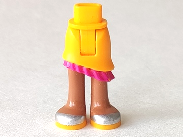 Display of LEGO part no. 20377c00pb02 which is a Bright Light Orange Mini Doll Hips and Asymmetric Layered Skirt, Magenta Ruffle, Medium Nougat Legs and Silver Shoes Pattern, Thick Hinge 