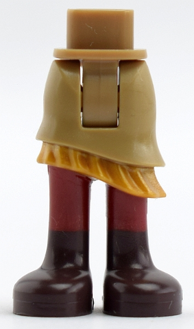 Display of LEGO part no. 20377c00pb08 Mini Doll Hips and Asymmetric Layered Skirt, Gold Ruffle, Dark Red Legs Pattern, Thick Hinge  which is a Dark Tan Mini Doll Hips and Asymmetric Layered Skirt, Gold Ruffle, Dark Red Legs Pattern, Thick Hinge 