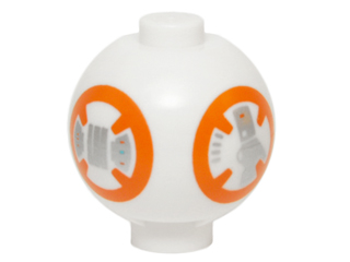 Display of LEGO part no. 20953pb01 Brick, Round 2 x 2 Sphere with Stud / Robot Body with BB-8 Droid Pattern  which is a White Brick, Round 2 x 2 Sphere with Stud / Robot Body with BB-8 Droid Pattern 