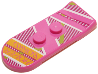 Display of LEGO part no. 21271pb01 which is a Dark Pink Minifigure, Utensil Hoverboard with Magenta, White and Lime Lines and 'HOVER BOARD' Pattern 