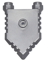 Display of LEGO part no. 22408 Minifigure, Shield Pentagonal with Grooved Edges  which is a Flat Silver Minifigure, Shield Pentagonal with Grooved Edges 