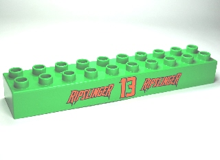 Display of LEGO part no. 2291pb06 which is a Bright Green Duplo, Brick 2 x 10 with 'RIPSLINGER 13 RIPSLINGER' Pattern 
