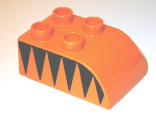 Display of LEGO part no. 2302pb05 Duplo, Brick 2 x 3 Slope Curved with Black Triangles Pattern on Both Sides  which is a Orange Duplo, Brick 2 x 3 Slope Curved with Black Triangles Pattern on Both Sides 