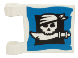 Display of LEGO part no. 2335px21 which is a White Flag 2 x 2 Square with Skull and Cutlass Pattern 