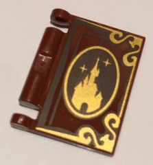 Display of LEGO part no. 24093pb008 Minifigure, Utensil Book Cover with Gold Disney Castle, Oval, and Border Pattern  which is a Reddish Brown Minifigure, Utensil Book Cover with Gold Disney Castle, Oval, and Border Pattern 