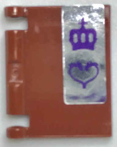 Display of LEGO part no. 24093pb018 Minifigure, Utensil Book Cover with Dark Purple Crown and Heart on Silver Background Pattern (Sticker), Set 40307  which is a Reddish Brown Minifigure, Utensil Book Cover with Dark Purple Crown and Heart on Silver Background Pattern (Sticker), Set 40307 