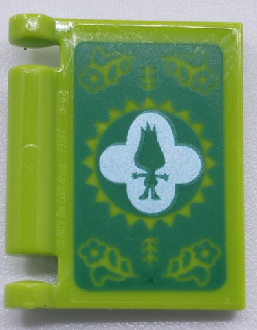 Display of LEGO part no. 24093pb028 Minifigure, Utensil Book Cover with Green Troll Silhouette on White, Flowers on Green Background Pattern  which is a Lime Minifigure, Utensil Book Cover with Green Troll Silhouette on White, Flowers on Green Background Pattern 