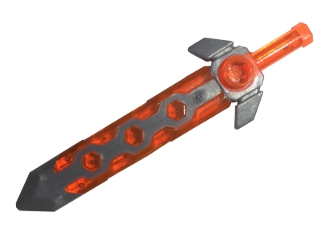 Display of LEGO part no. 24108pb01 which is a Trans-Neon Orange Minifigure, Weapon Sword, Long with Molded Flexible Rubber Flat Silver Tip and Angular Crossguard Pattern 