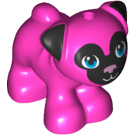 Display of LEGO part no. 24111pb03 which is a Dark Pink Dog, Friends, Pug, Standing with Black Face and Ears, Metallic Pink Nose, and Dark Azure Eyes Pattern 