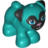 Display of LEGO part no. 24111pb03 which is a Dark Turquoise Dog, Friends, Pug, Standing with Black Face and Ears, Metallic Pink Nose, and Dark Azure Eyes Pattern 