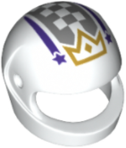 Display of LEGO part no. 2446pb47 which is a White Minifigure, Headgear Helmet Motorcycle (Standard) with Gold Crown, Dark Purple Stars and Stripes and Dark Bluish Gray Checkered Pattern 