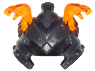 Display of LEGO part no. 24484pb02 which is a Pearl Dark Gray Minifigure, Headgear Helmet Ninjago with Cheek Protection and Molded Trans-Orange Snake Heads Pattern 