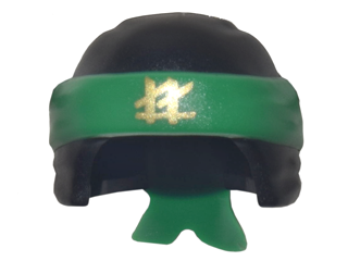 Display of LEGO part no. 24496pb01 Minifigure, Headgear Ninjago Wrap Type 3 with Green Bandana and Knot and Gold Ninjago Logogram 'LL' Pattern  which is a Black Minifigure, Headgear Ninjago Wrap Type 3 with Green Bandana and Knot and Gold Ninjago Logogram 'LL' Pattern 