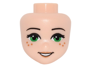 Display of LEGO part no. 24916 Mini Doll, Head Friends with Green Eyes, Freckles, Medium Nougat Lips and Open Mouth Smile Pattern  which is a Light Nougat Mini Doll, Head Friends with Green Eyes, Freckles, Medium Nougat Lips and Open Mouth Smile Pattern 