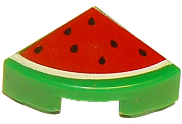 Display of LEGO part no. 25269pb002 Tile, Round 1 x 1 Quarter with Red Watermelon Pattern  which is a Green Tile, Round 1 x 1 Quarter with Red Watermelon Pattern 