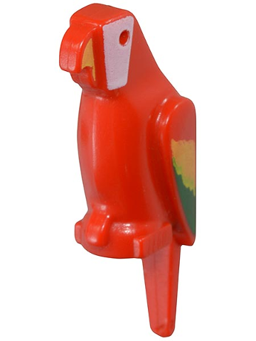 Display of LEGO part no. 2546p01 Bird, Parrot with Small Beak with Green and Yellow Feathers, White Face and Yellow Beak Pattern  which is a Red Bird, Parrot with Small Beak with Green and Yellow Feathers, White Face and Yellow Beak Pattern 