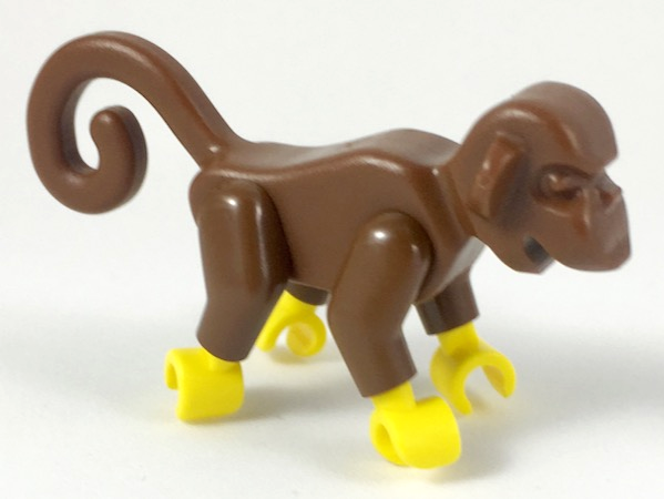 Display of LEGO part no. 2550c01 Monkey with Yellow Hands and Feet  which is a Brown Monkey with Yellow Hands and Feet 