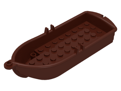 Display of LEGO part no. 2551 Boat, 14 x 5 x 2 with Oarlocks and 2 Hollow Inside Studs  which is a Brown Boat, 14 x 5 x 2 with Oarlocks and 2 Hollow Inside Studs 