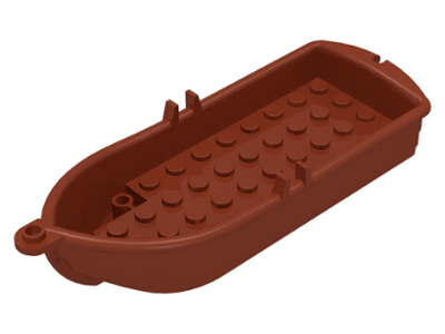 Display of LEGO part no. 2551 Boat, 14 x 5 x 2 with Oarlocks and 2 Hollow Inside Studs  which is a Reddish Brown Boat, 14 x 5 x 2 with Oarlocks and 2 Hollow Inside Studs 