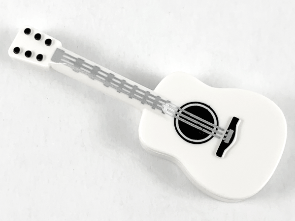 Display of LEGO part no. 25975pb02 Minifigure, Utensil Guitar Acoustic with Silver Strings, Black Tuning Knobs Pattern  which is a White Minifigure, Utensil Guitar Acoustic with Silver Strings, Black Tuning Knobs Pattern 