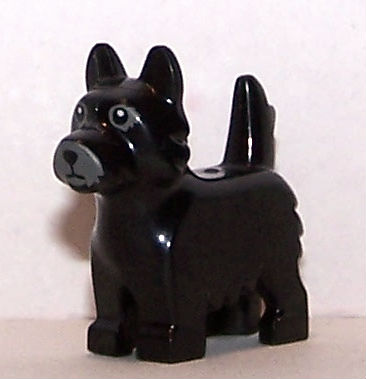 Display of LEGO part no. 26078pb003 which is a Black Dog, Terrier with Black Eyes and Nose on Gray Background Pattern &#40;BAM&#41; 