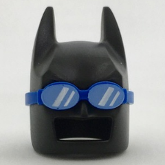 Display of LEGO part no. 27161pb01 Minifigure, Headgear Mask Batman Cowl (Angular Ears, Pronounced Brow) with Blue Goggles Pattern  which is a Black Minifigure, Headgear Mask Batman Cowl (Angular Ears, Pronounced Brow) with Blue Goggles Pattern 