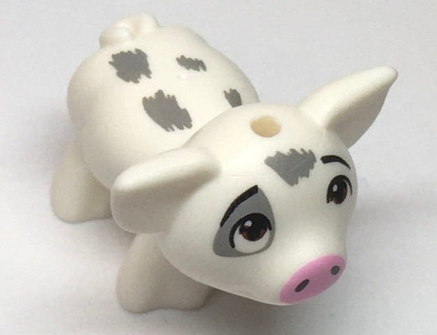 Display of LEGO part no. 28318pb02 which is a White Pig, Moana with Black Eyebrows, Reddish Brown Eyes Looking Up, Bright Pink Nose, and Dark Bluish Gray Rough Spots Pattern &#40;Pua&#41; 